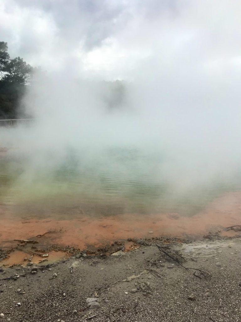 Green and orange steaming pool geothermal walks in rotorua