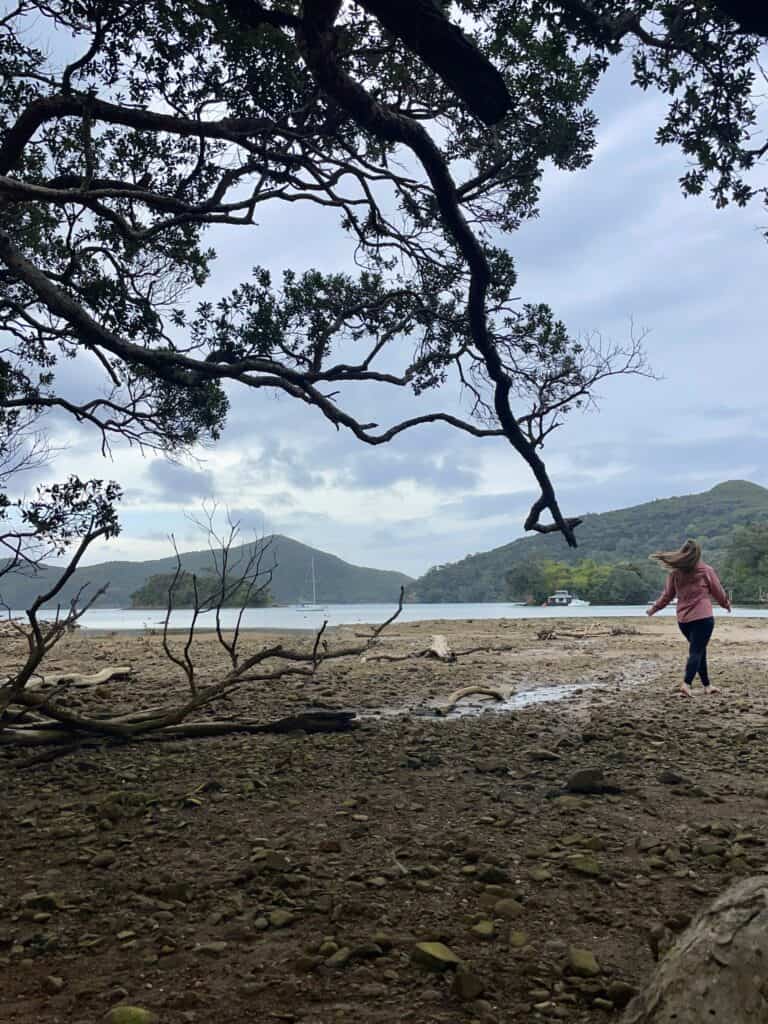 Girl walking on a red beach at low tide