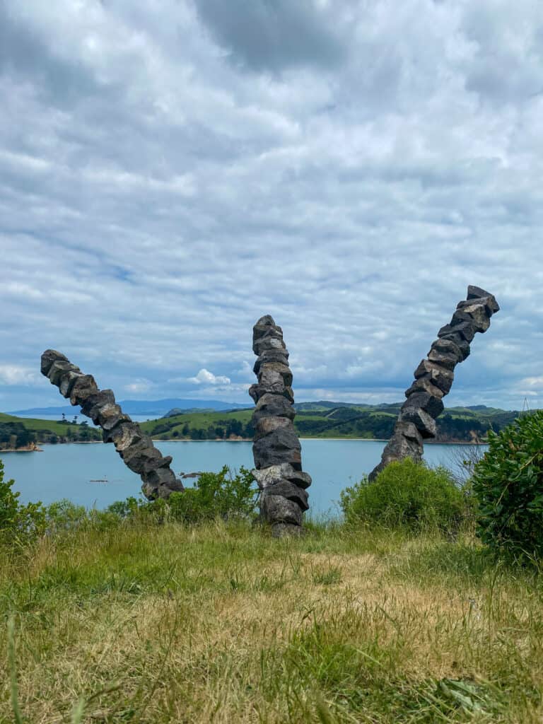 Viewpoint with a rock sculpture on rotoroa island