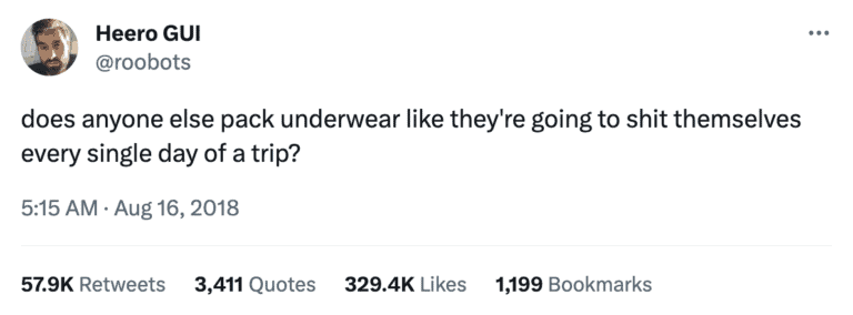 Tweet with funny commentary about packing underwear for a trip