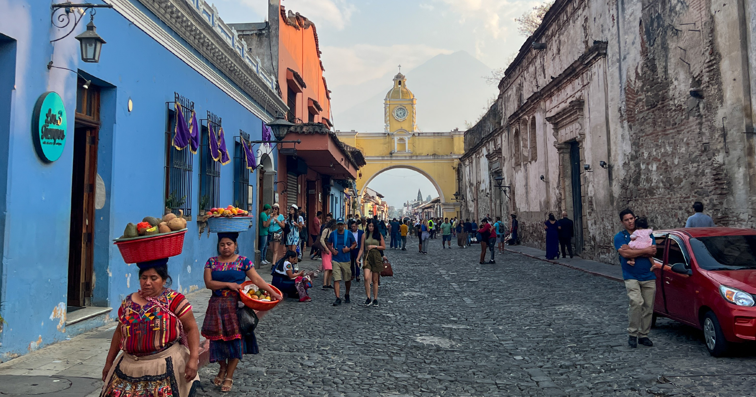 Women in Traditional Clothing Walking Down the Street in Antigua, Guatemala