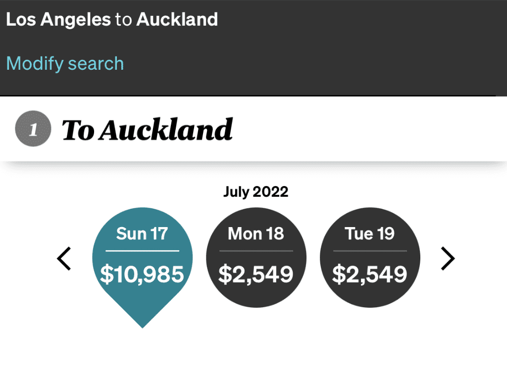 Screenshot from Air New Zealand available flights