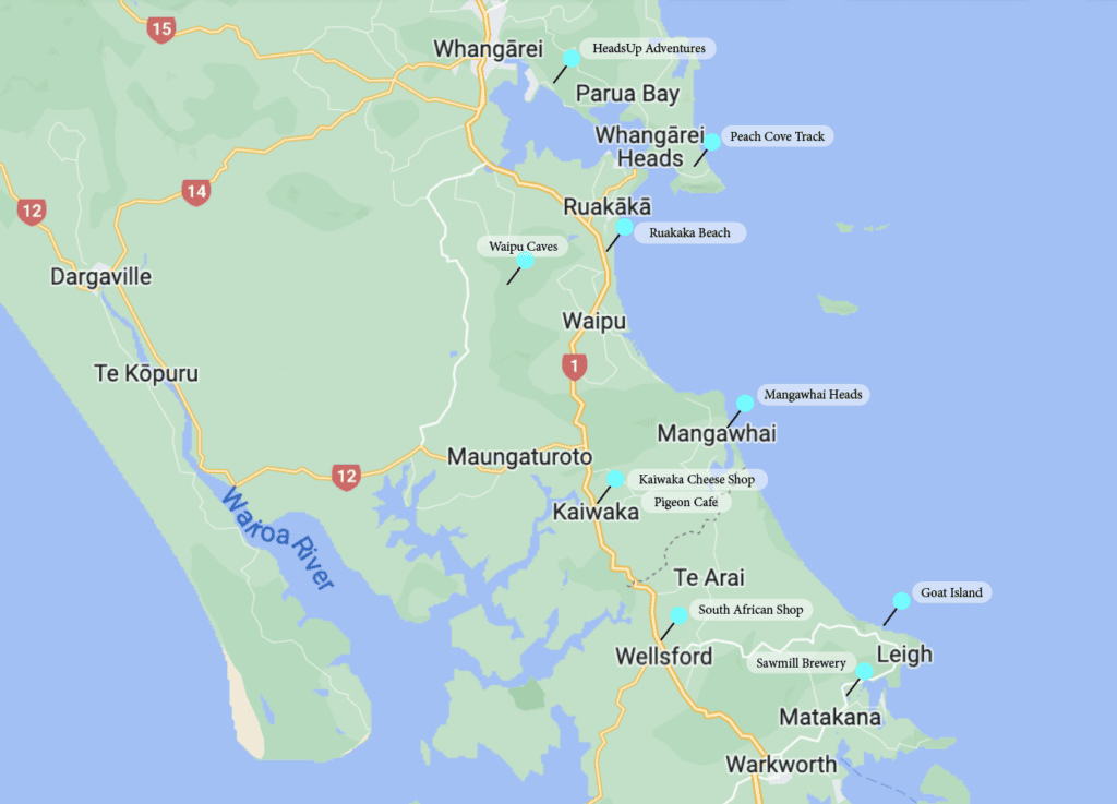 Map of Auckland to Whangarei with pins for stopovers