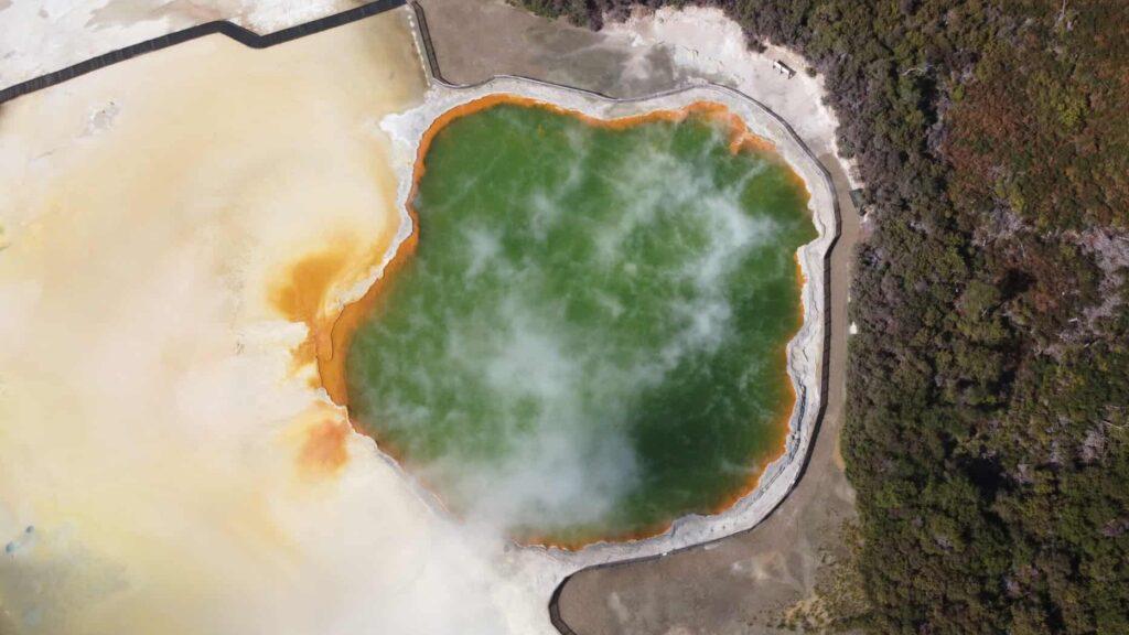 Drone View of a steaming geothermal pool in New Zealand