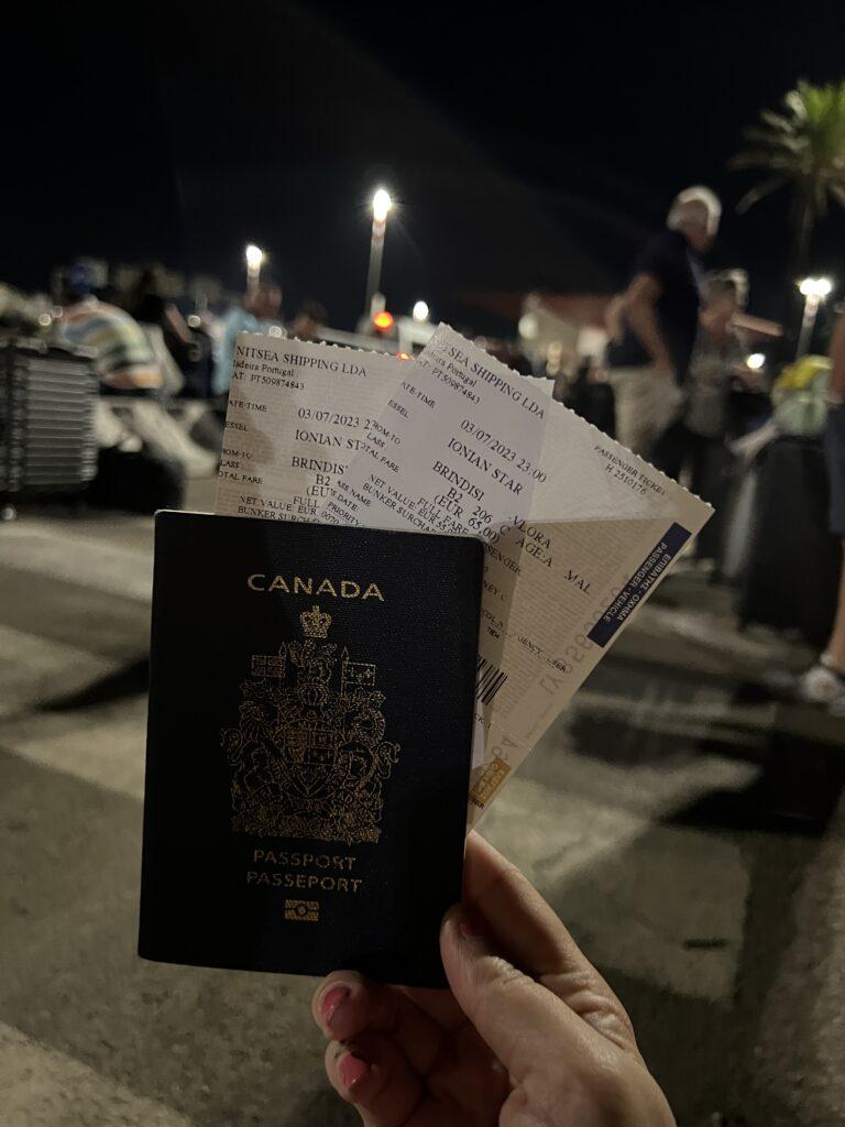 Passports with two tickets for the overnight ferry from brindisi to vlore