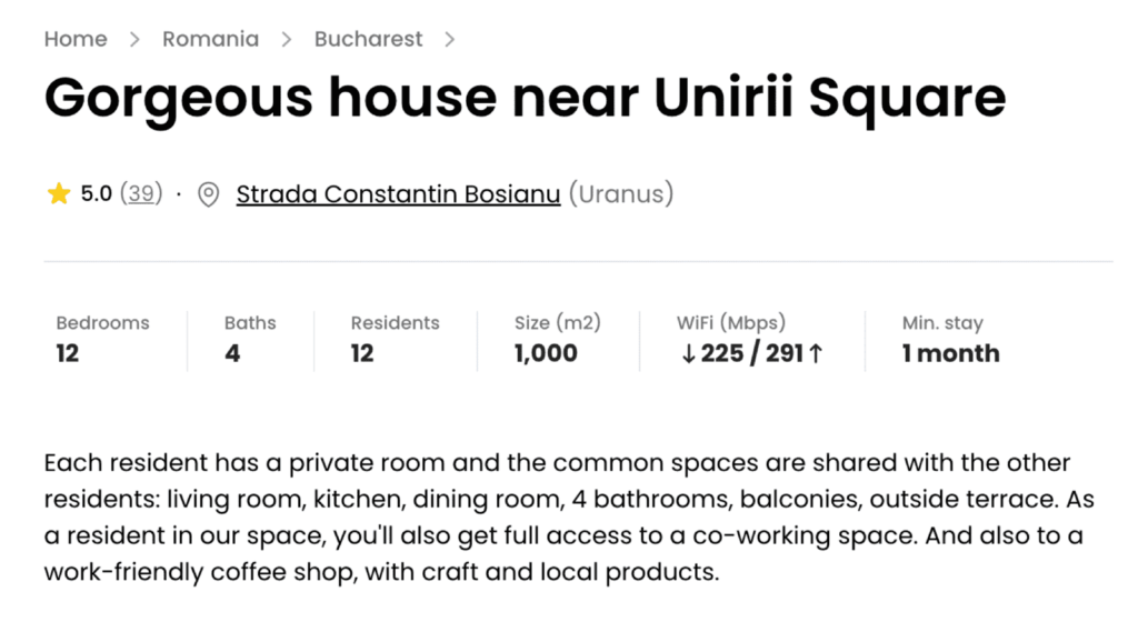 Coliving in Bucharest description