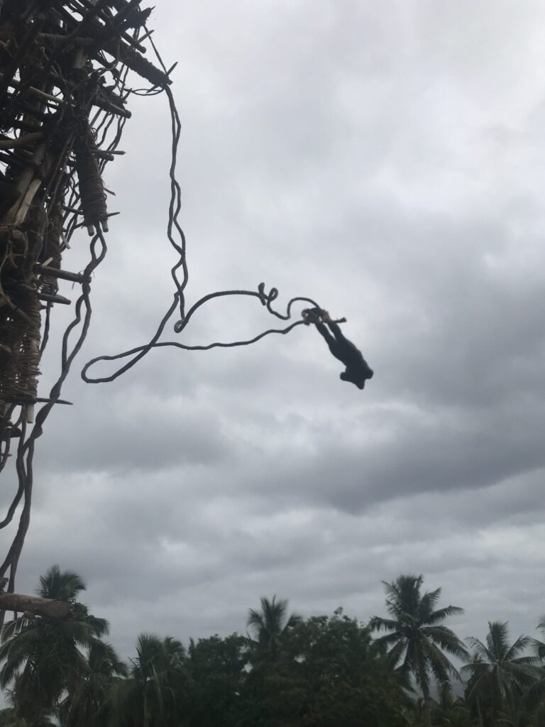 man jumping with vines tied to his ankles for the N'gol Ritual Vanuatu