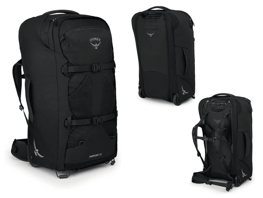 Black Osprey backpack with wheels and straps