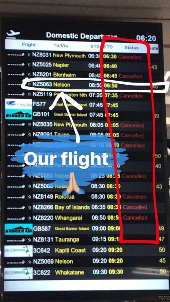 Flights to Nelson board at the airport