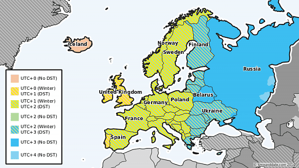 Map demonstrating European time zones