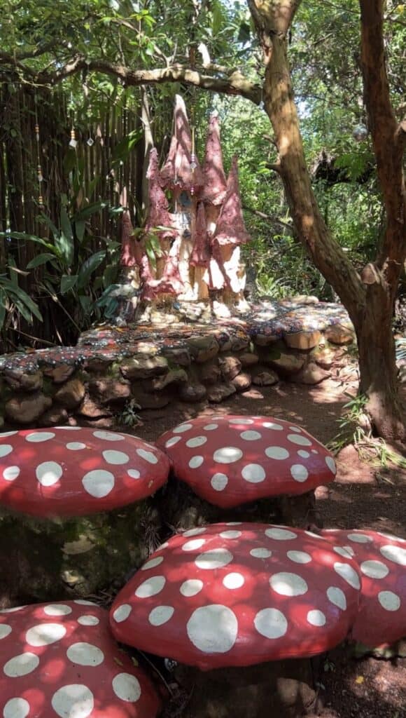 toadstools and fairy castle in a backyard