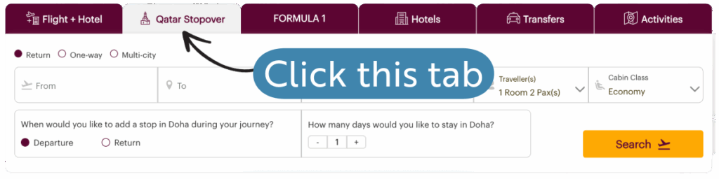 Qatar Booking page Stopover tab