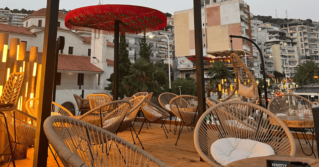 Fancy bar in Sarande at golden hour