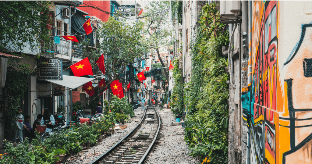 train line running through area of Hanoi, Vietnam