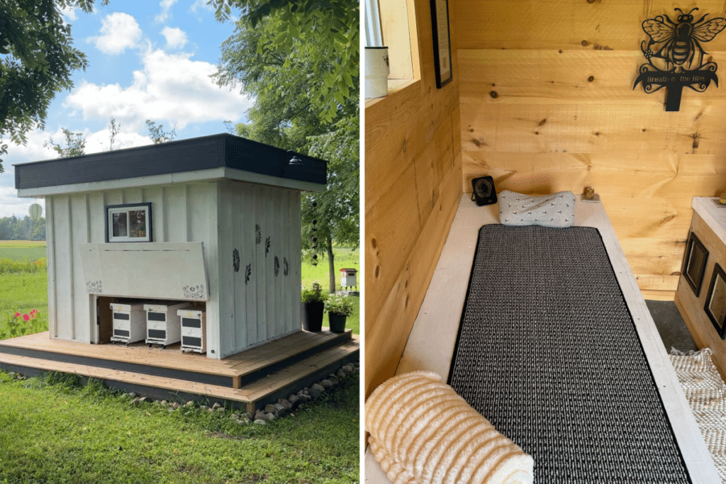 Inside and outside view of apiary therapy cabin in Elora