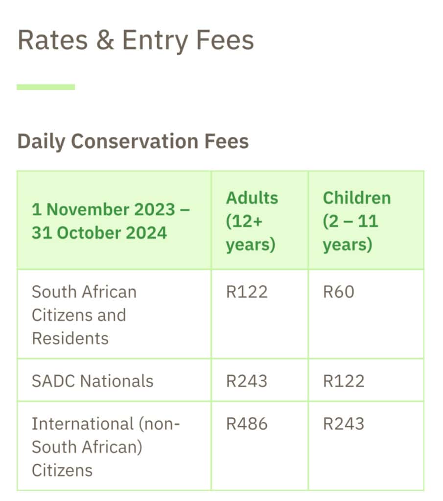 SANParks fares sheet 2023