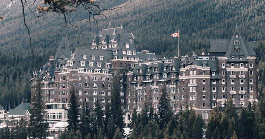 Banff Springs hotel with Canadian flag