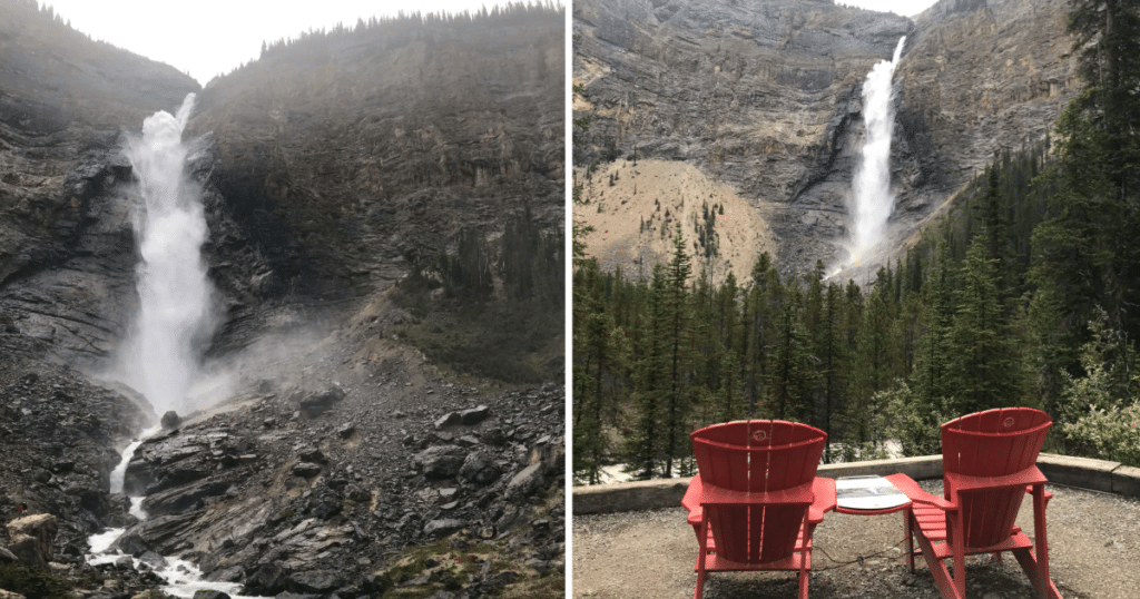 Yoho National Park waterfall and Adirondack chairs