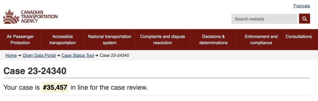 Screenshot from the Canada Transport Agency showing my case is #35,457 in the queue.