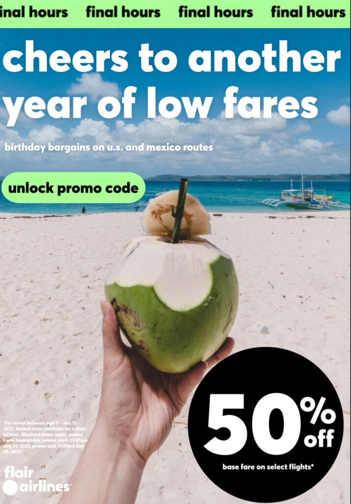 50% off Flair Airlines flight promo ad