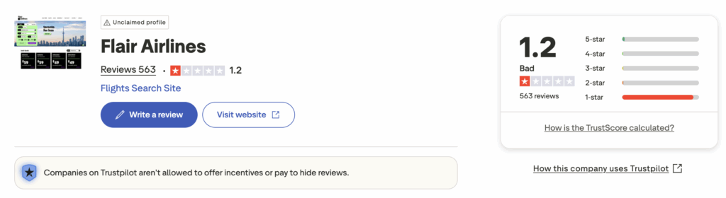 Flair Airlines 1-star reviews on Trustpilot