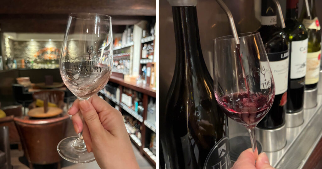 Left: Swirling rose and right: pouring red wine into a sample glass