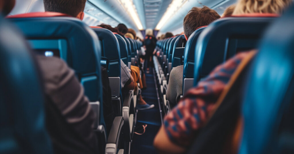 Crowded plane narrow aisle