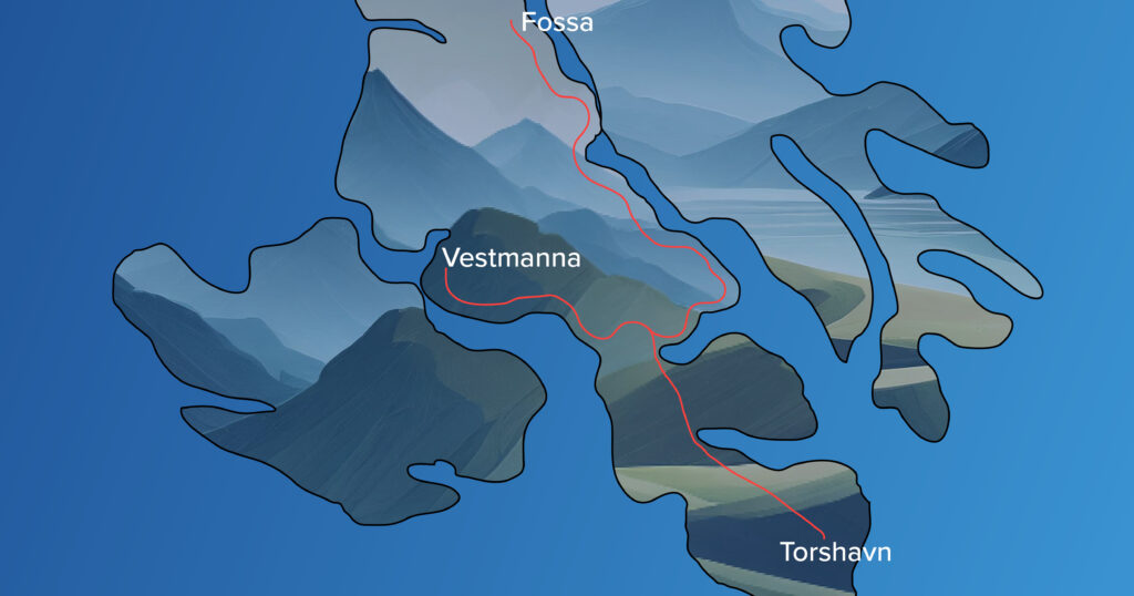 Map of Faroe Islands with road leading from Torshavn to Vestmanna