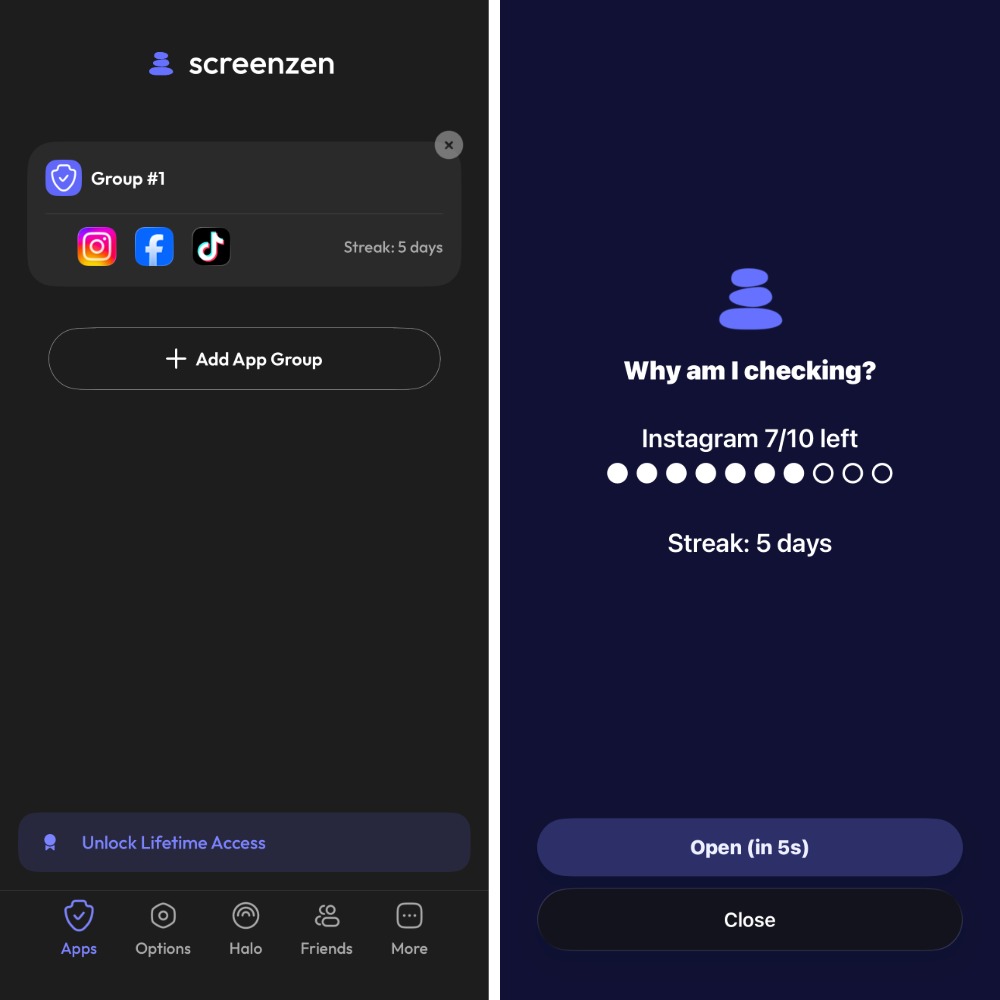 ScreenZen app interface blocking Instagram