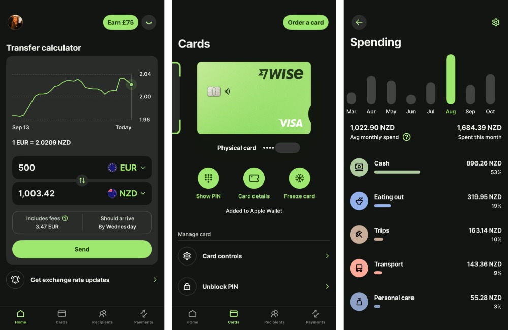 Screenshots from the Wise app