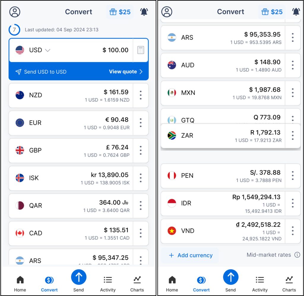 Screenshot of XE money exchange travel apps