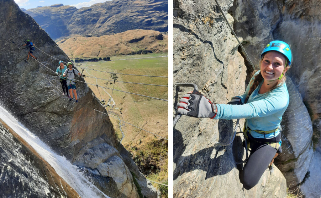 Climbing up a rock face and crossing a wire bridge