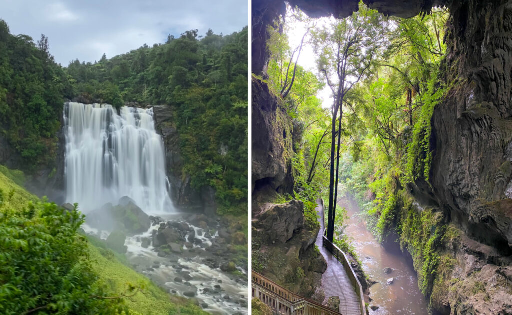 Marokopa Falls and the natural bridge near Waitomo