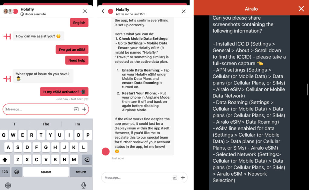 Holafly vs Airalo customer service chat.