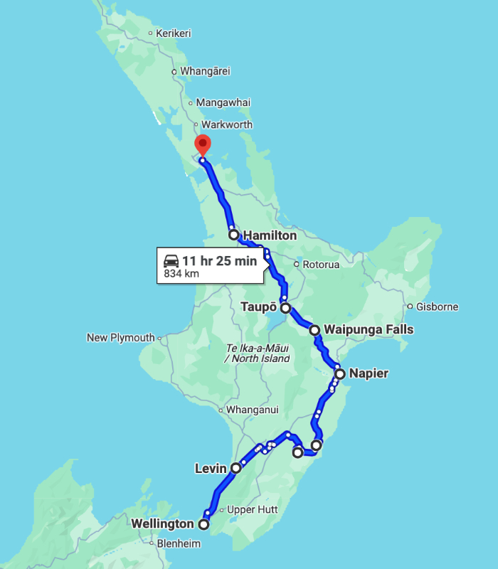 Google Map of Auckland to Wellington driving route