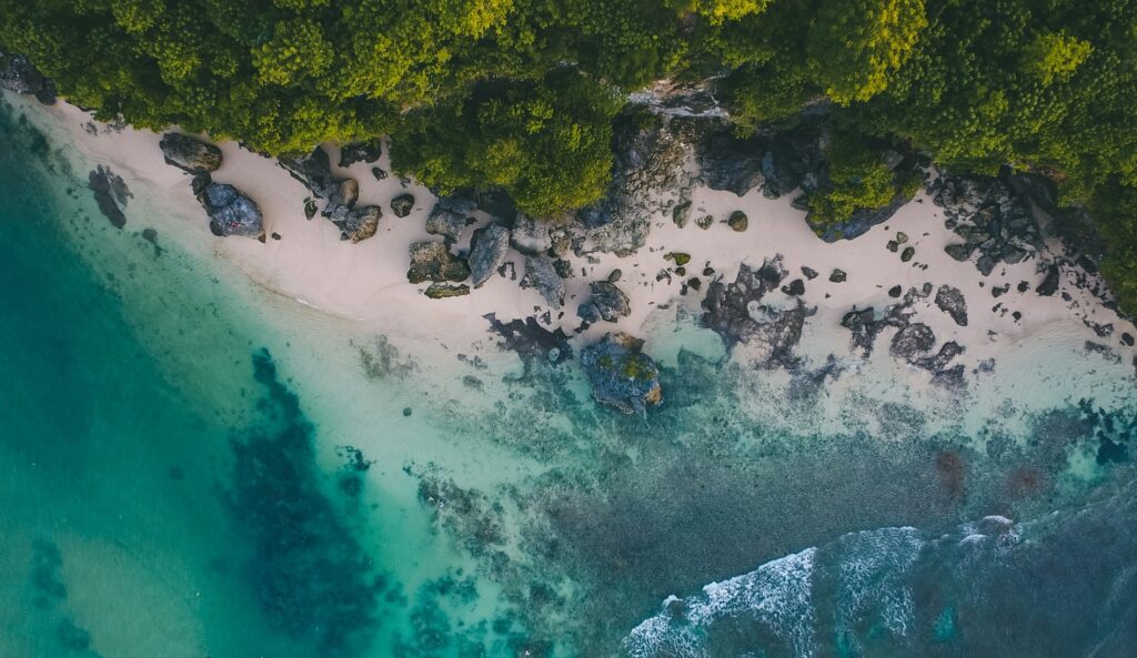 Raj Ampat, Indonesia Aerial view of beach and jungle