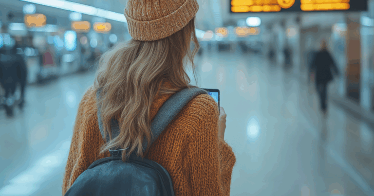 Girl at airport with cellphone texting using Holafly vs. Airalo eSIM