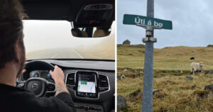Rent a car in the Faroe Islands, driving in fog, sheep and street sign