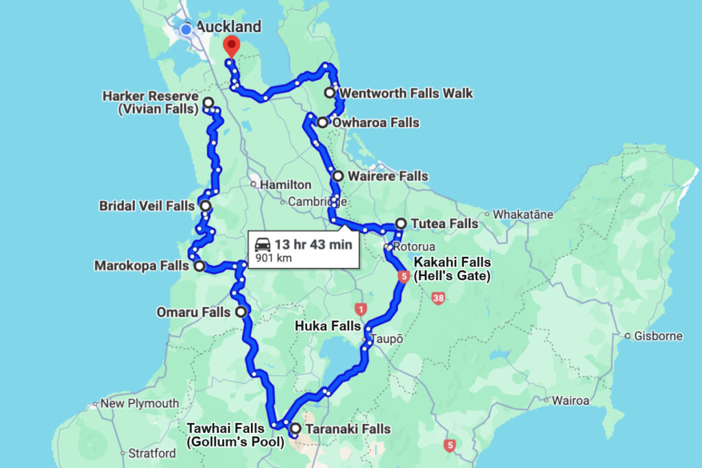 road trip route map on the North Island of New Zealand