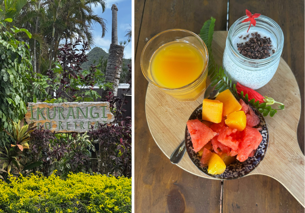 Ikurangi Eco Retreat sign and fresh fruit breakfast in Rarotonga