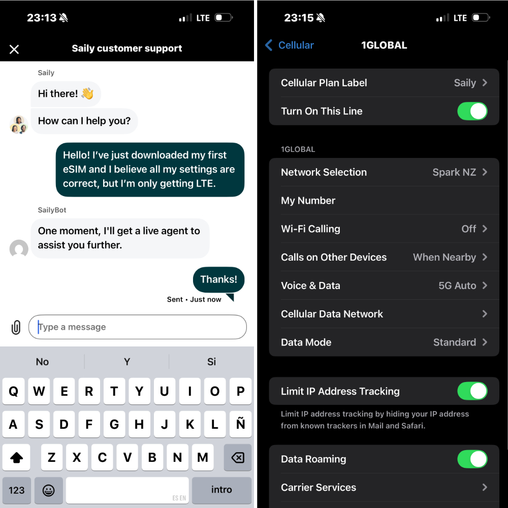 Saily eSIM customer service and settings