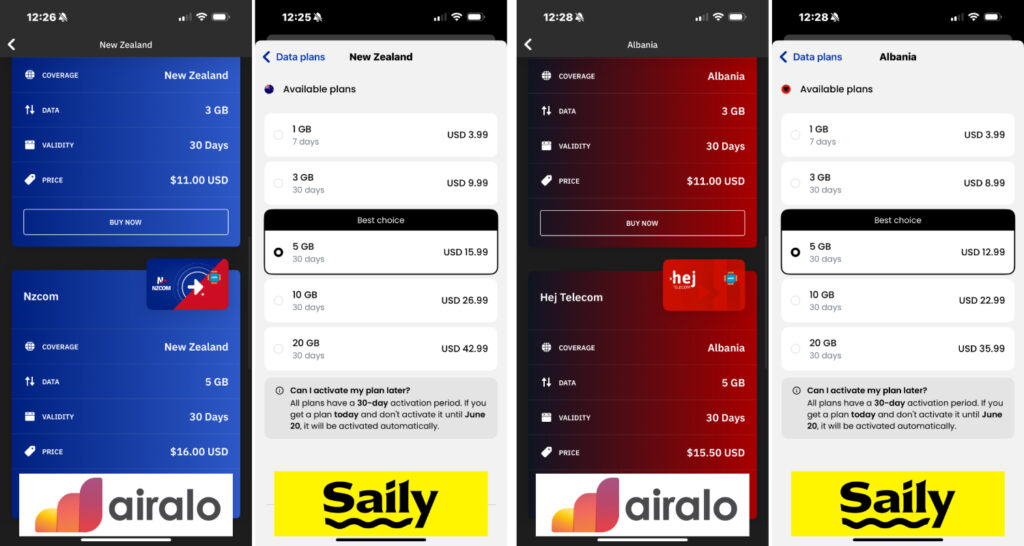 Saily eSIM vs Airalo Price comparison in New Zealand and Albania