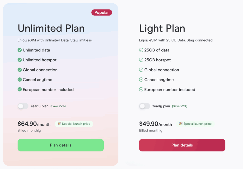 Holafly Subscription options
