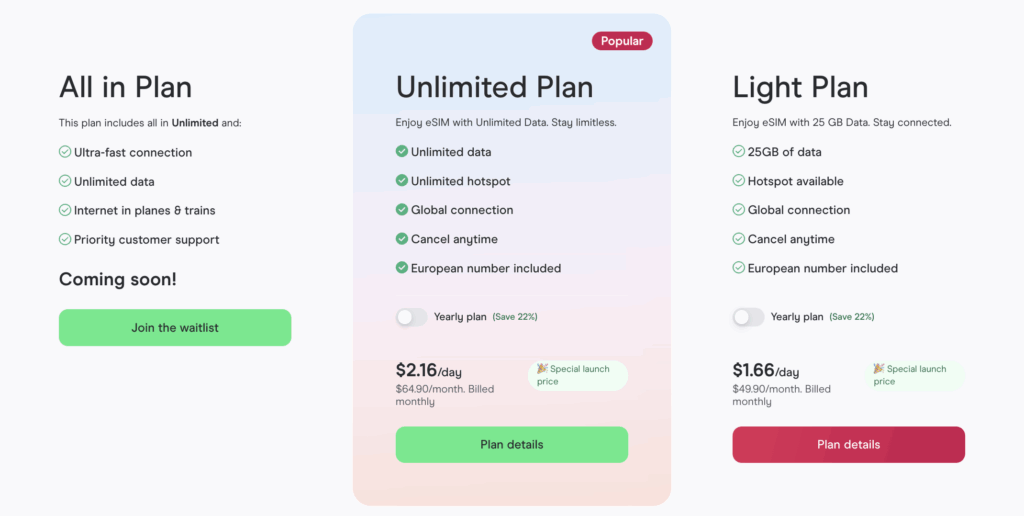 Holafly Plans options
