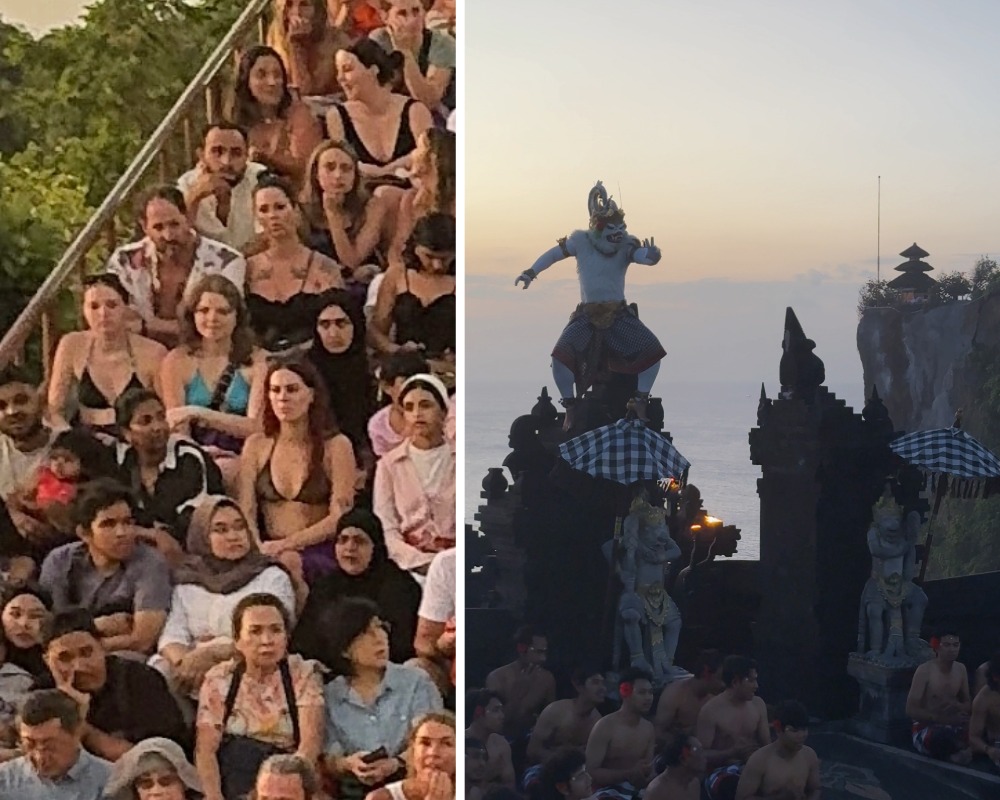 Women wearing bikini tops at a temple, Kecak dance in Uluwatu performance