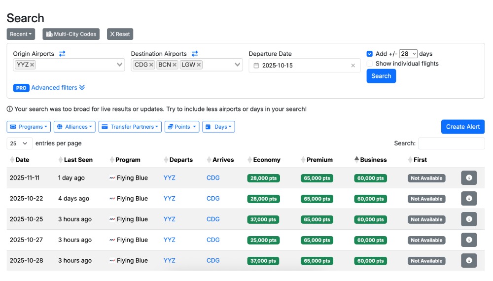 Seats.aero search results YYZ to Europe