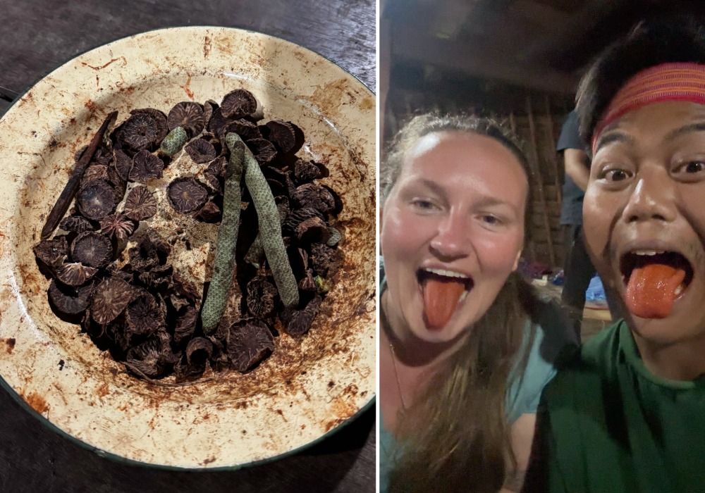 Friends trying betel nut in Indonesia