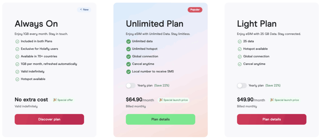 Holafly Plans subscription options