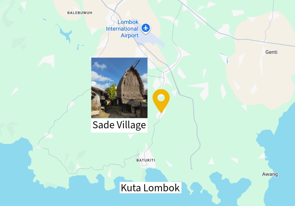 Map showing Sade Village location between airport and Kuta Lombok