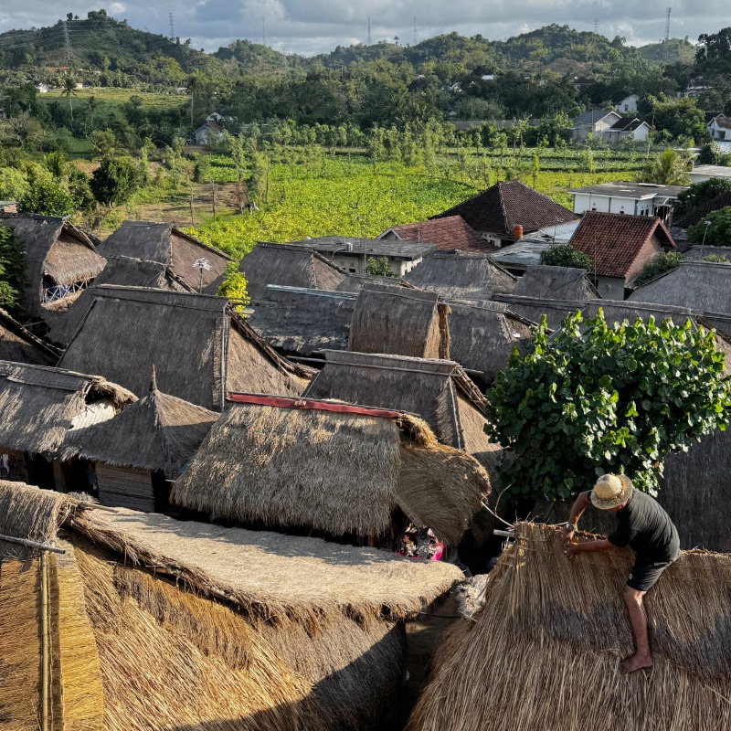 Man working on thatch roof house